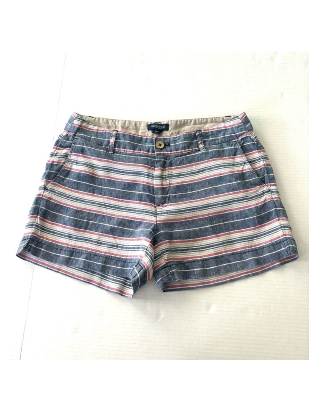 British Khaki 100% Linen Shorts Multi Striped Blue Vacation Pockets Women’s Sz 4
